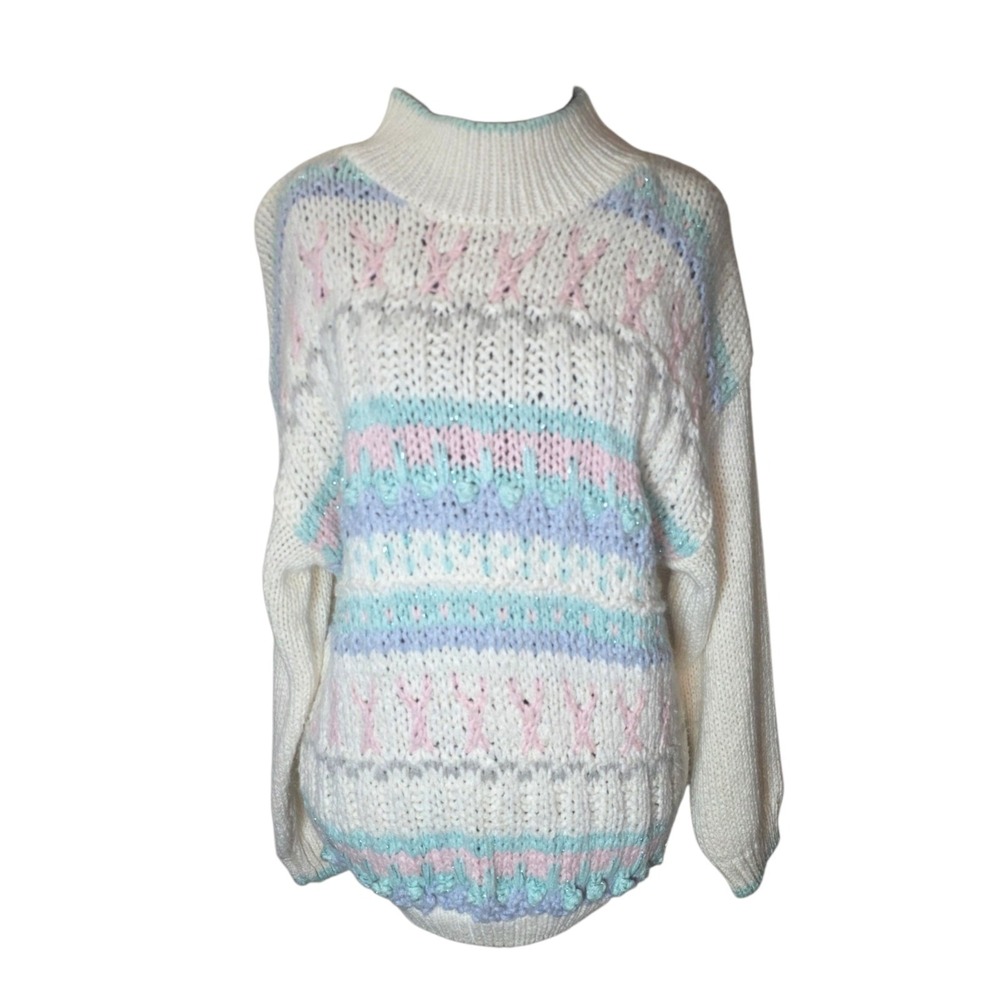 Handmade Chunky Knit Sweater Pastel Fair Isle Cottagecore Womens Large